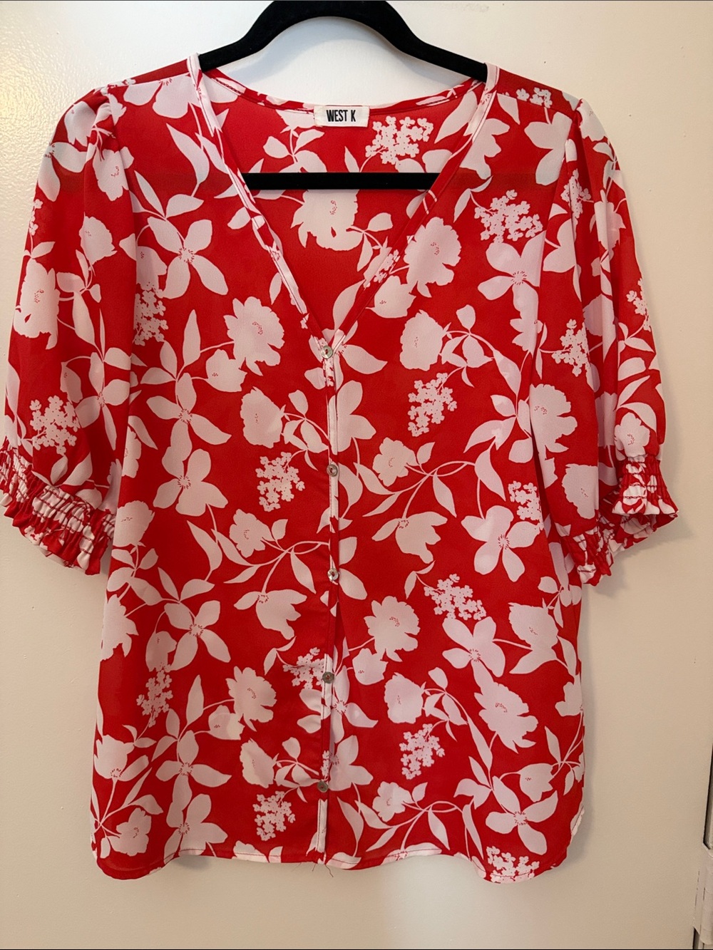 West K Red Floral V-Neck Blouse